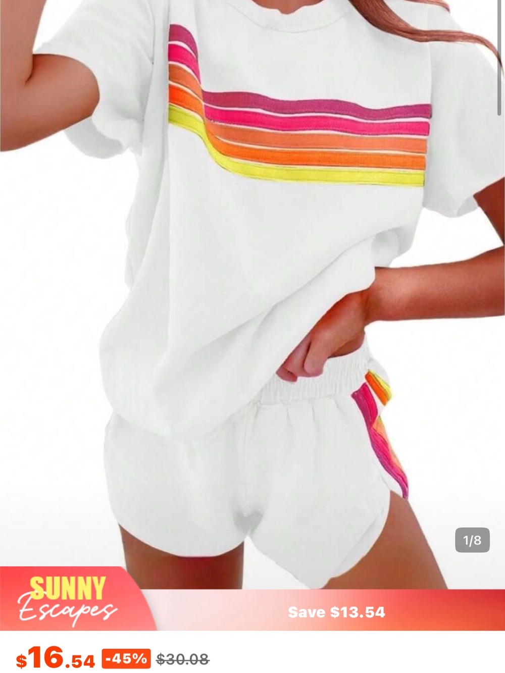 SHEIN White Athletic Shorts with Pink Orange Yellow Stripe